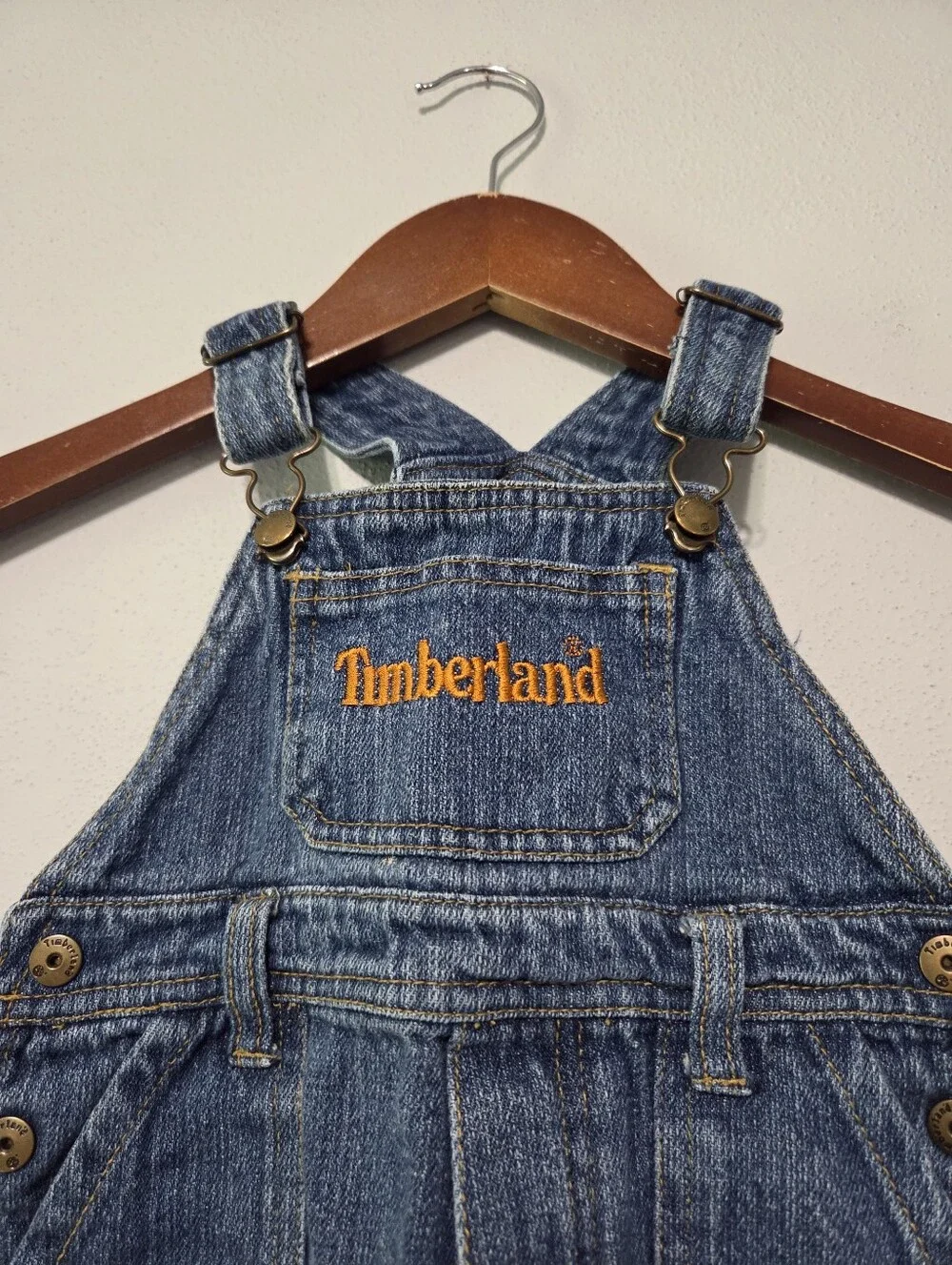 Timberland Dark Blue Denim Jean Overalls with Orange Logo Baby Size 12M